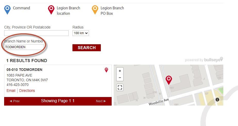 screenshot of Canadian Royal Legion showing suppressed radius search