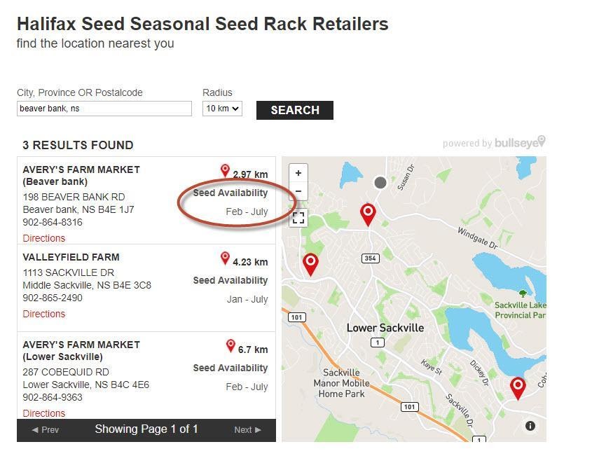 screenshot of Halifax Seed Company showing seasonal product availability